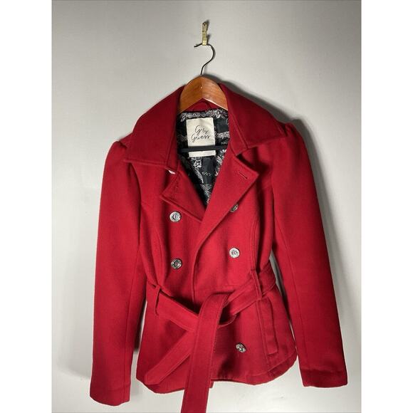 Vintages G By Guess Red Button Up Wool Blend Peacoat Small - Picture 1 of 11